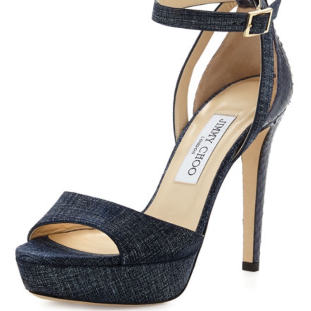 Jimmy Choo Kayden Leather Ankle-Wrap Sandal, Light Indigo/Navy ( Size 41 1/2 )